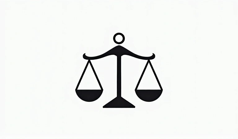 Egy mérleg szimbólum, amely a felelősség és az egyensúly fogalmát jelképezi, modern, letisztult grafikus stílusban.